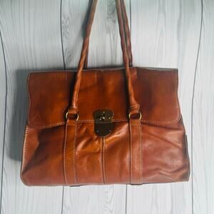 Patricia Nash Vienna Heritage Tan Leather Satchel Tote Handbag Turnlock 11 x 13